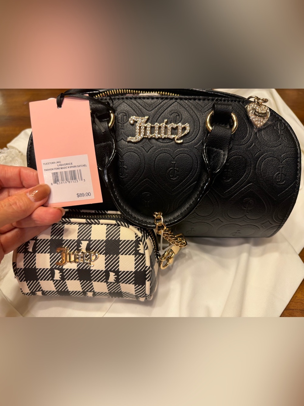 Exclusive Juicy Couture Black Embossed Satchel with Plaid Coin Pouch MSRP $89